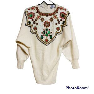 Vintage Semplice Beaded Sequin Bib Sweater Sz MD Ivory Oversized Lambswool Fuzzy